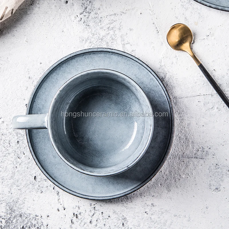 European-style Luxury Glossy Drinkware Grey Ceramic Coffee Tea Cups with Saucer