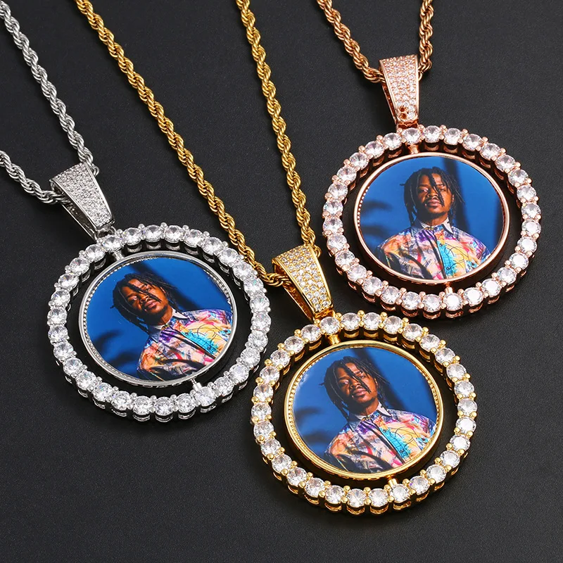 

Memory photo custom rotatable double-sided pendant micro-inlaid zircon European and American hip hop pendant necklace, Picture shows