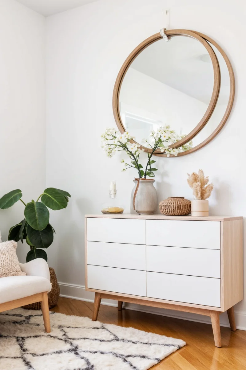 Round wooden mirror hanging in a living room