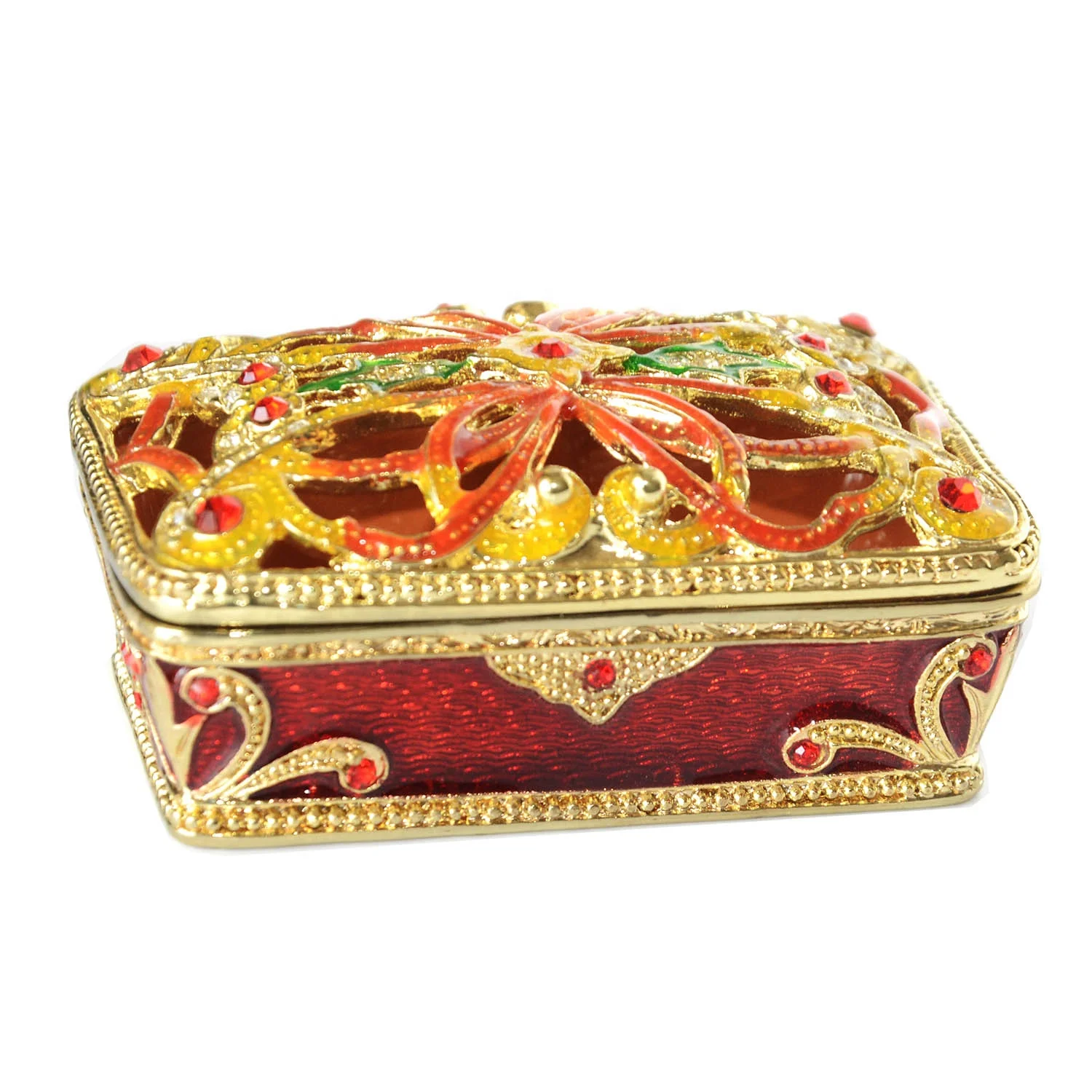 

Gold filigree square decorative trinket jewelry boxes hand painted with rhinestone jeweled enamel hinged jewelry box
