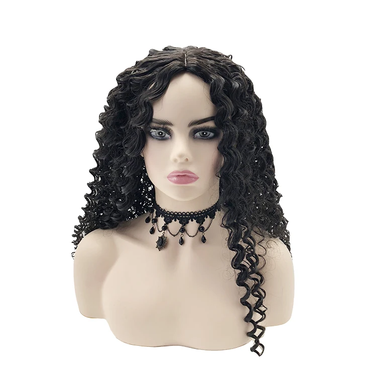 

360 Grams 55 Cm 22 Inches Black Glueless Halloween Party Holiday Synthetic Wigs Mongolian Hair Curly Long Wig, Natural color lace wig