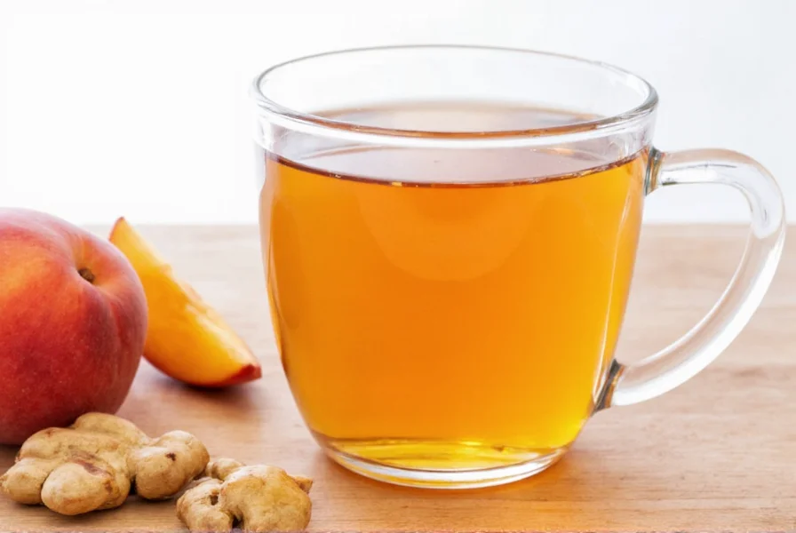 Ginger peach tea served in a ceramic mug with fresh peach slice and ginger root on wooden table