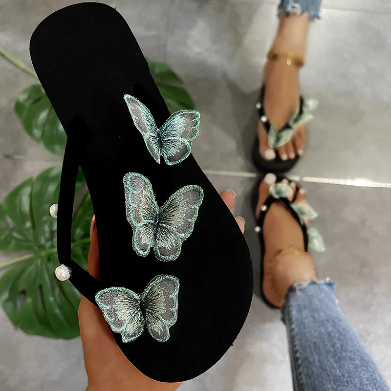 

PDEP 2022 summer new wedge heel flip-flops color butterfly outer wear sandals and slippers large size casual slippers