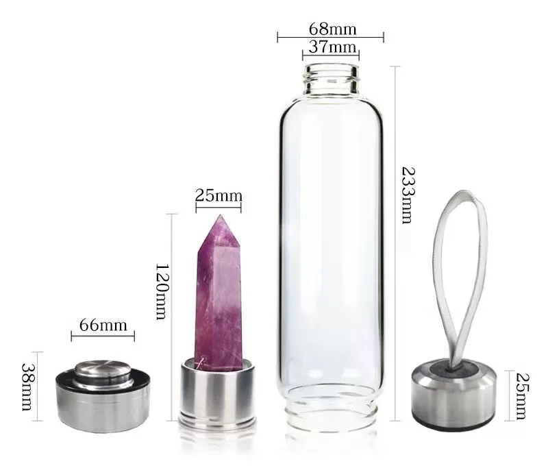

Luxury Healing Gemstone Elixir Chakra Gemstone infused Crystal Glass Water Bottle with Rose Quartz, Customized color