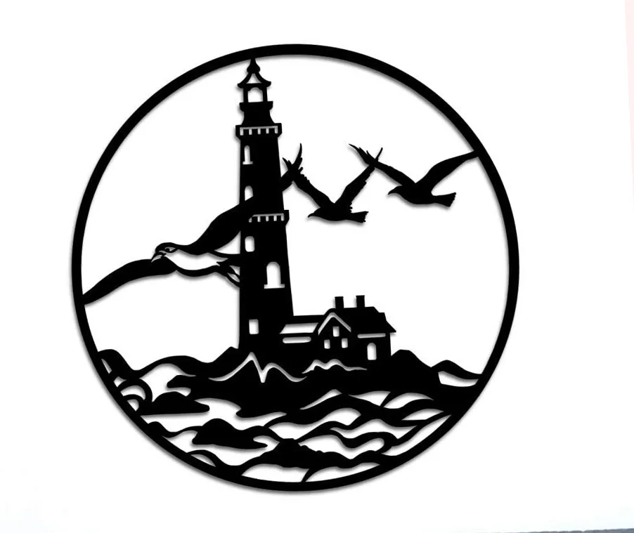 

Beach Lighthouse Metal Wall Art Coastal Seascape Seagull Wall Sculpture, Black