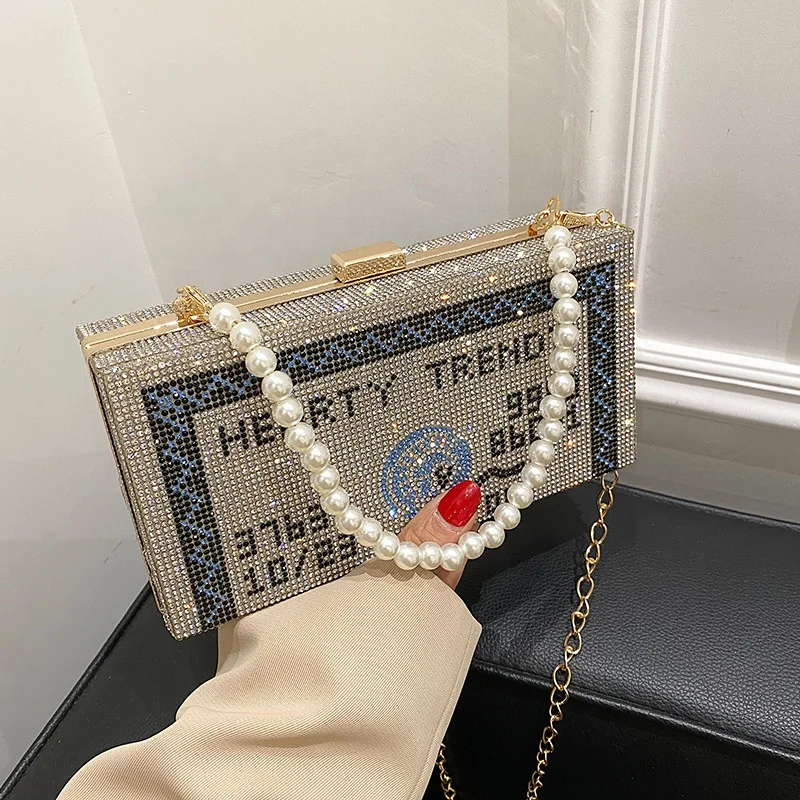 

2021 Luxury Rhinestone Metallic Money Purses Cross Pearl Shoulder Girl Party Bag Women Small jelly Golden Evening Clutch Handbag