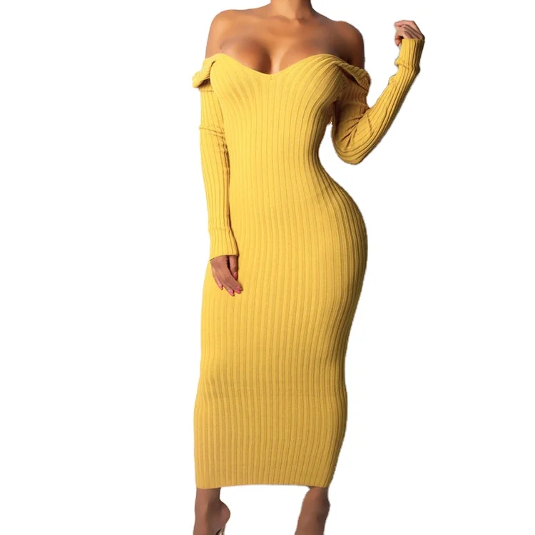 

2021 new arrival fashion off shoulder v neck knitted long sleeve sexy bodycon yellow dress women sustainable casual elegant maxi