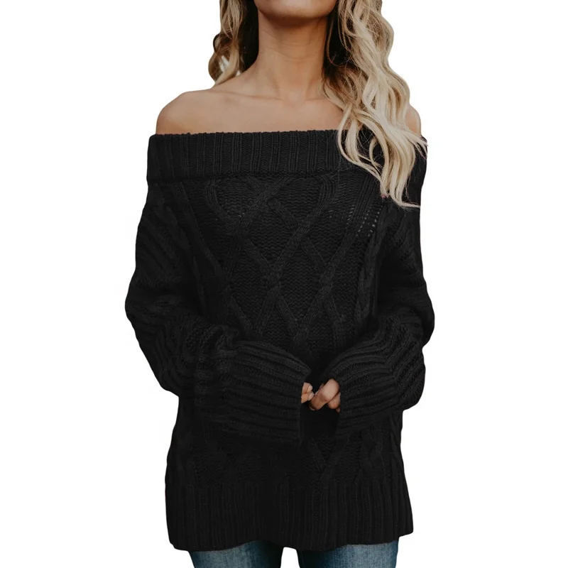 

2021 Loose Oversize Plus Size Sweater Custom Winter Black Cable Knit Plain Sexy Off Shoulder Ladies Sweaters