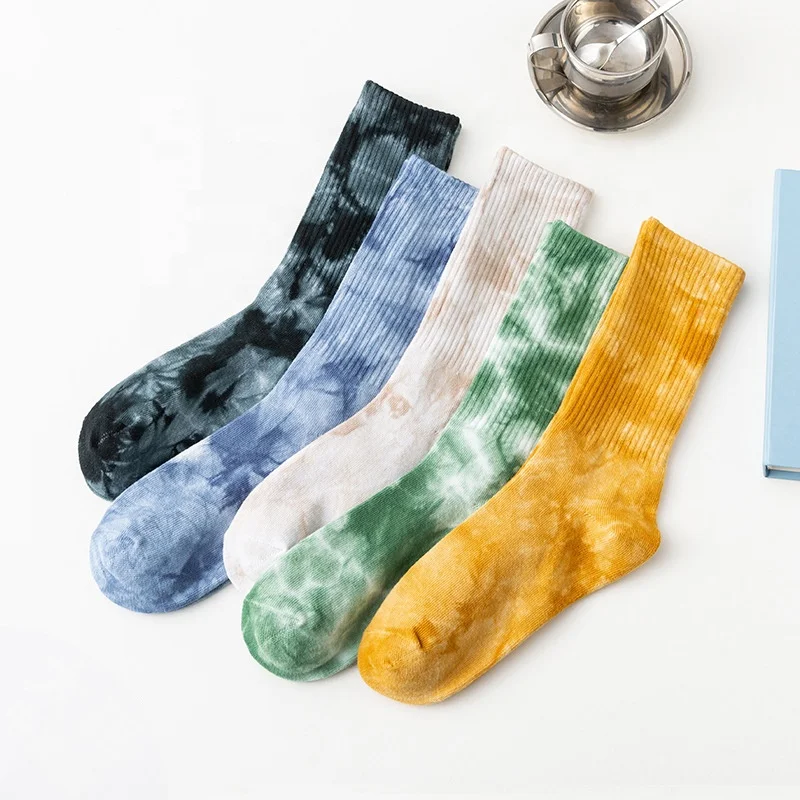 

Black Blue Green Tie Dye 86 Cotton Spandex Ribbed Crew Sneaker Mens Sports Socks, 5 colors