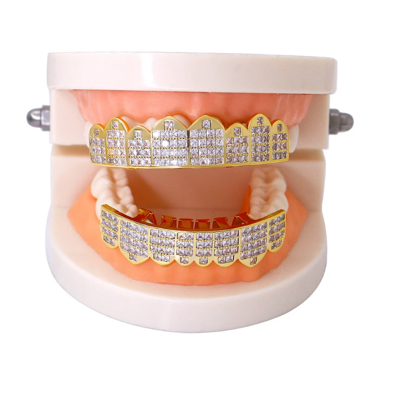 

Blues RTS New design Rapper rock Men square Diamond CZ Baguette Teeth grillz, Silver, real gold