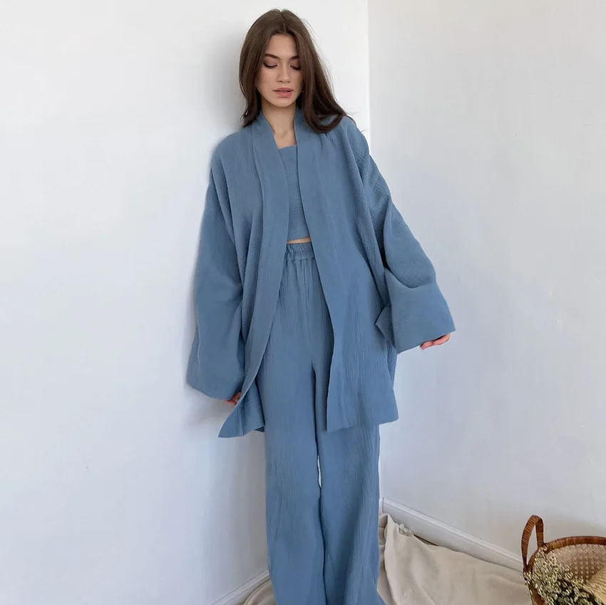 

XL Plus Size Loose Set 100% Double Gauze Cotton Loungewear Women Sets, As picture