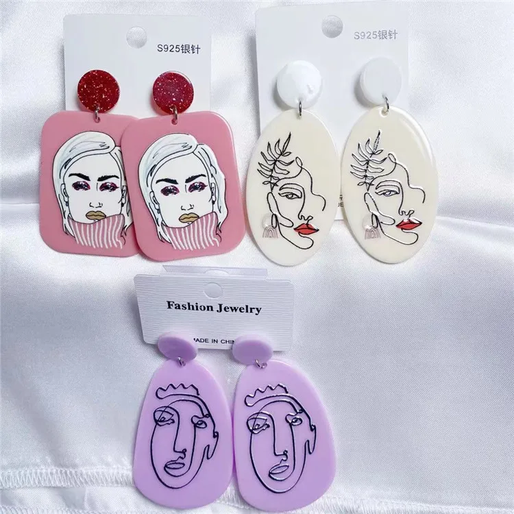 

2021 Good Quality Wholesale Acrylic portrait printed earrings Acrylic 925 Sliver Fashion Acrylic small face earrings