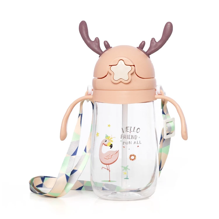 

Wholesale Cute Plastic Straw Gift School Bouncing Small Children And Teens Hot Water Bottle With Straps Big Water Bottle For Kid, Pink, blue, green