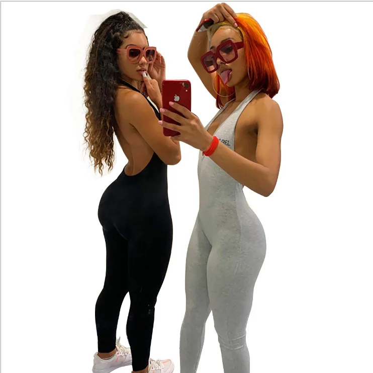 

2021 new spring and autumn women's embroidered sexy halter hip sports jumpsuit