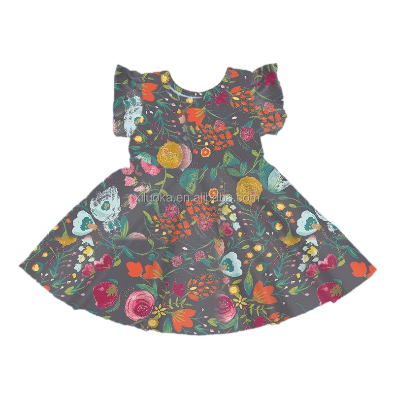 

Fashion Baby Girls Clothing Milk Silk Floral Print Flutter Sleeve Kids Twirl Dress