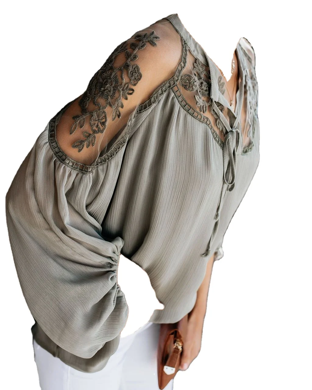 

2021 Wholesale Casual V-neck Long Sleeve Lace Floral Women Blouses Ladies Top