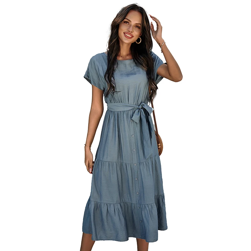 

2021 New Arrivals Spring Summer Casual Tshirt Dress Plain A-Line Midi Dresses For Women, Picture