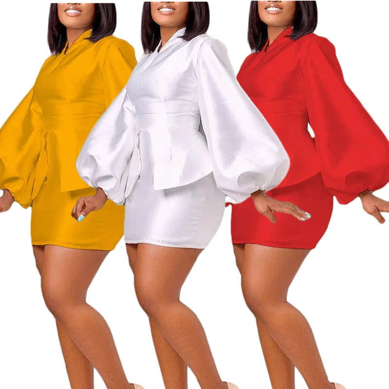 

D150 Autumn Solid Color Lantern Sleeve Solid Color Top Skirt Two Piece Set Two Piece Skirt Set Women