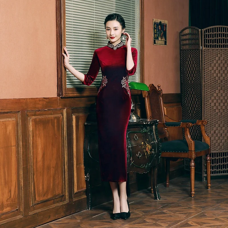 

2022 Chinese Traditional Dress Women Top Grade Slim Improve Long Style Plus Size Modern Cheongsam Qipao, Red,purple