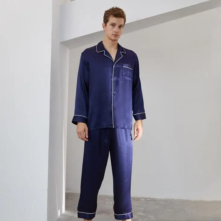 Men Luxury Sleepwear 100% Silk Satin Pajamas Set Soft Long Sleeve Loungewear Set