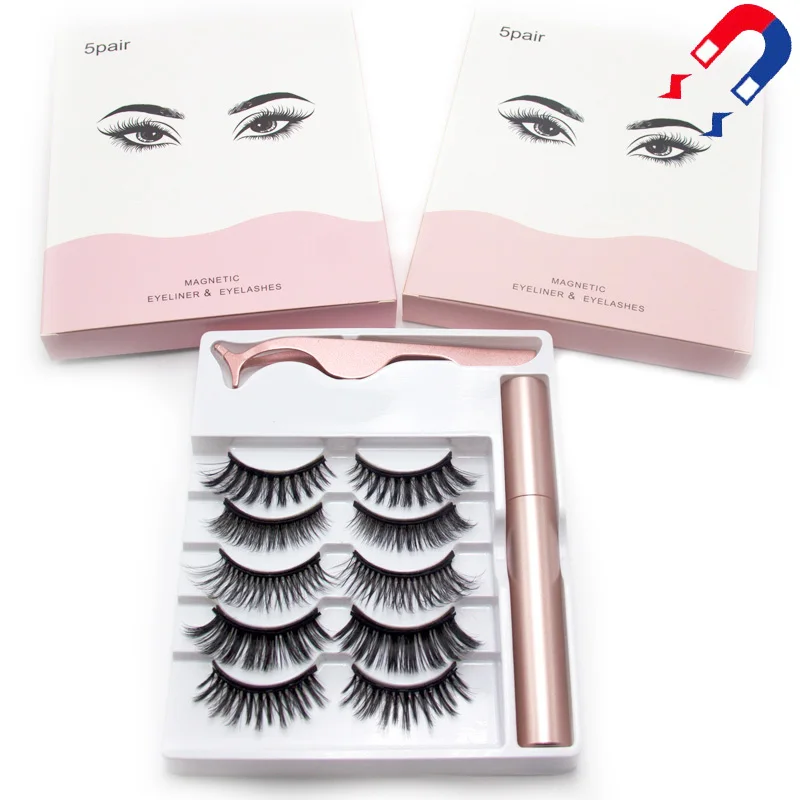 

Wholesale magnetic 3D eyelashes thick volume mink natural faux mink eyeliner lashes luxury applicator set, Natural black