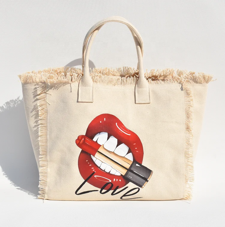 

Personalized leisure Custom Printed Logo Red Lip Canvas Fringe Ruched Tote Handbags