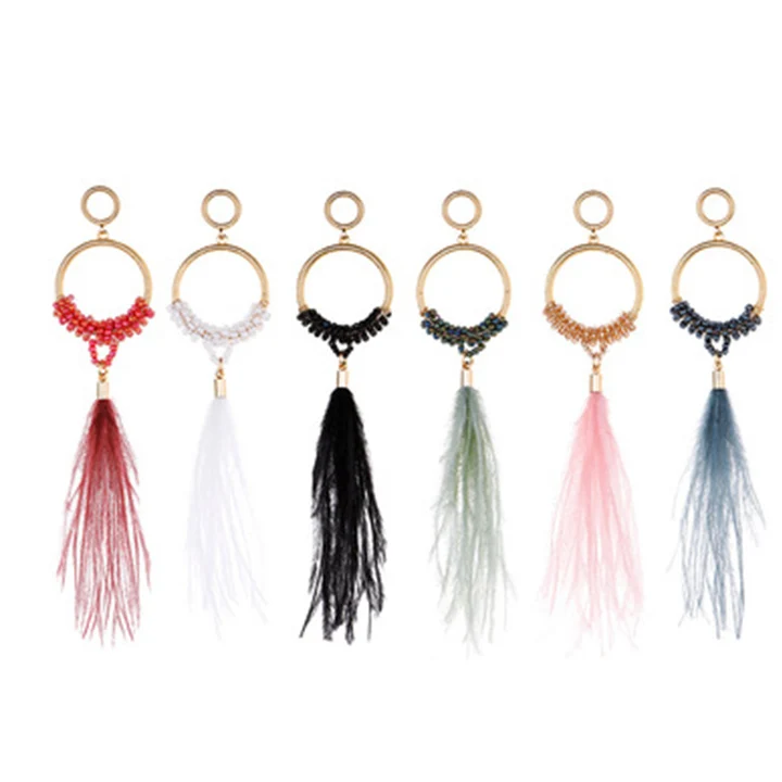 

2021 Newest Rice Bead Circle Earrings Ostrich Feather Earrings Bohemian Earrings, Picture shows