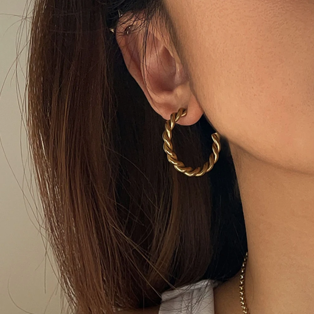 

30mm Thick Twised Hoop Earrings C Shape Geometric Earrings for Women Plain Minimalist 18K Gold Plated Stainless Steel Jewelry
