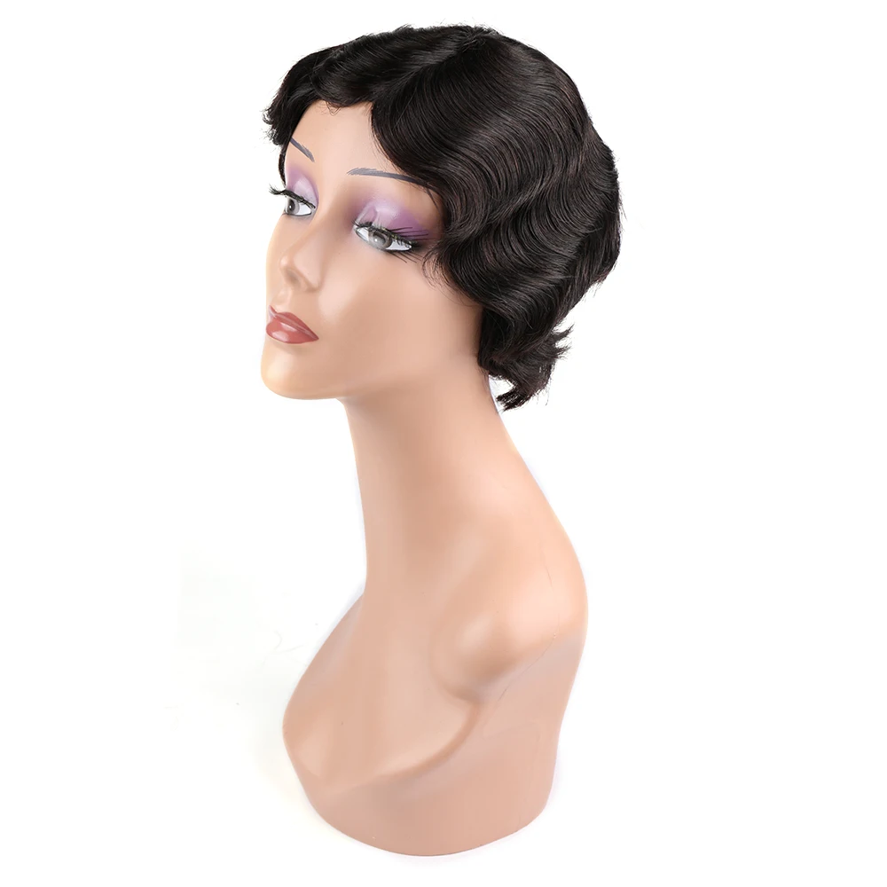 

Cheap Human Hair Nature Pixie Cut Short Bob Wig Finger Wave Wig Non Lace Closure Frontal Wigs