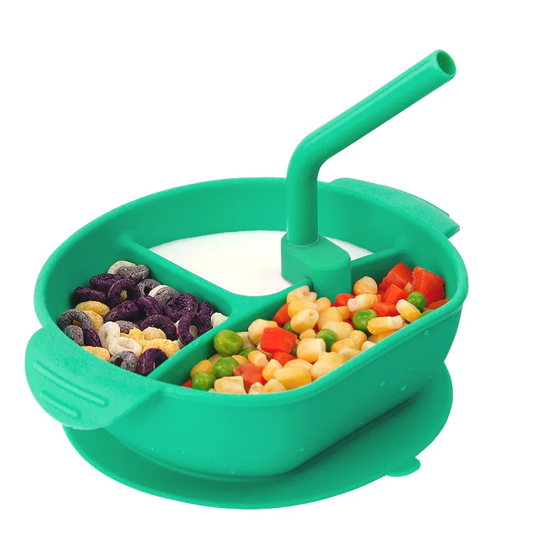 

Divided Plate Toddler Feeding Silicone Baby Suction Bowl with straw