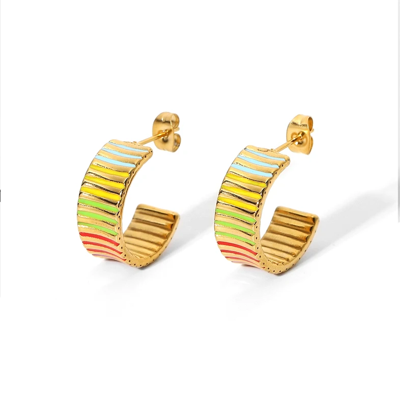 

New tarnish resistant stainless steel statement stripe texture enamel dangle thick gold small chunky hoop earrings for women