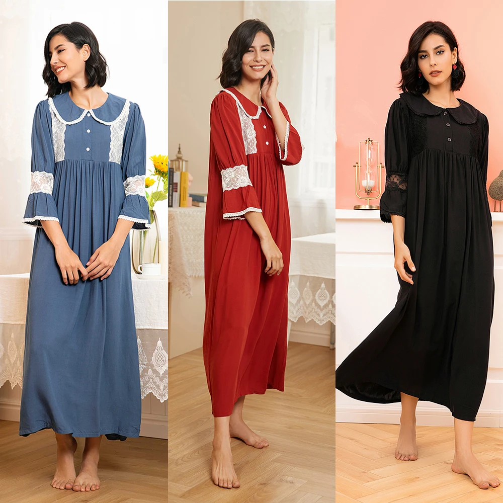 

Black collar elegant ladies cotton sleepwear nightwear negligee dresses pjama nightsuit pyjamas women dress for woman arab abaya, Red, blue, black