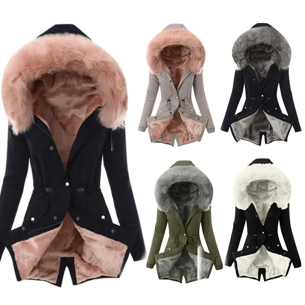 

Women Winter long Cotton Padded Coat Parka Down Jacket Fur Collar Hooded Outwear plus size S-3XL