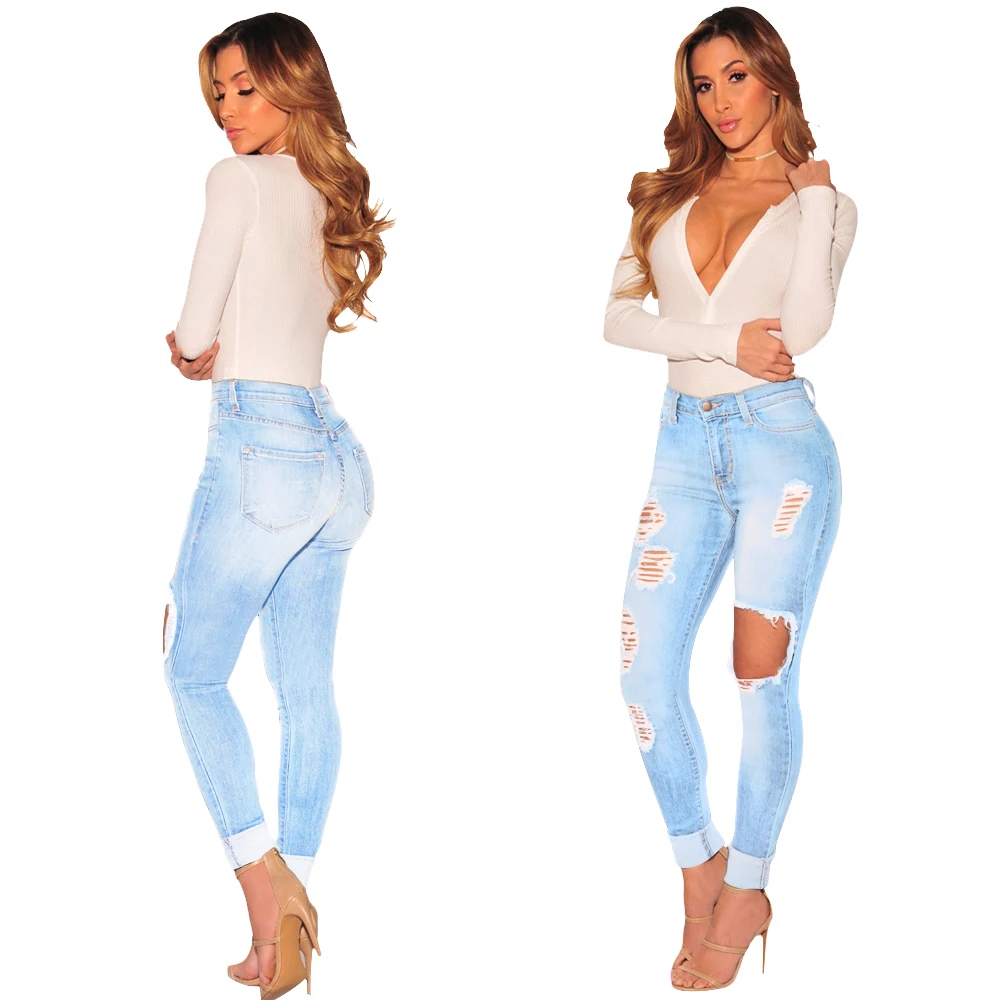 

Hot Sale 2021 Summer Fashiona Women High Waist Sexy Light Blue Skinny Denim Ripped Jeans