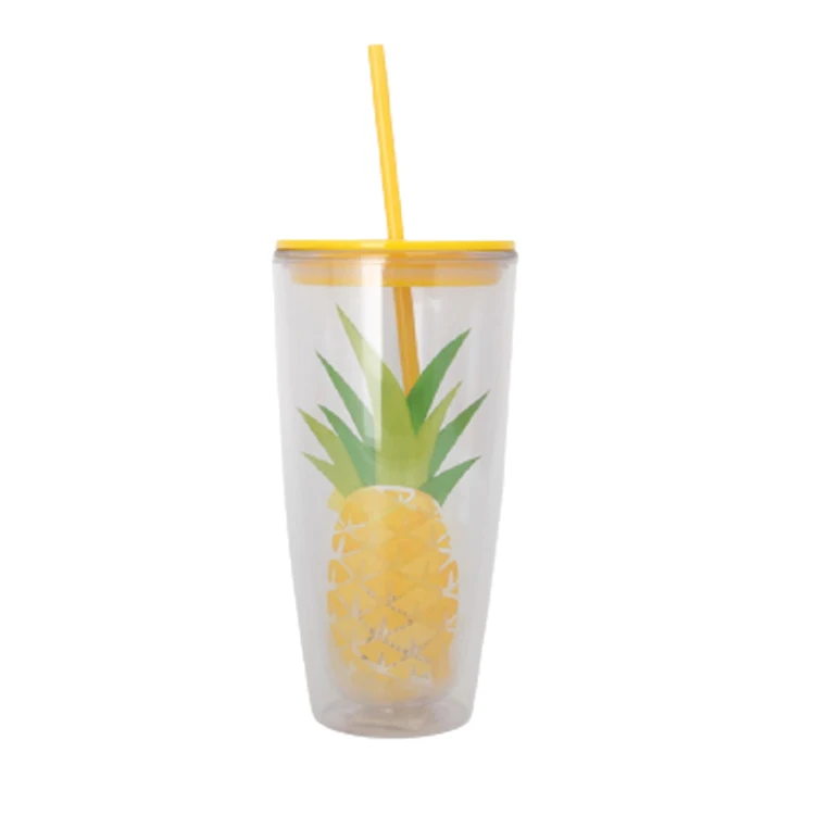 

650ml BPA plastic drinking ware insulated double wall empty tumbler mug fruit printed cup with straw, As picture