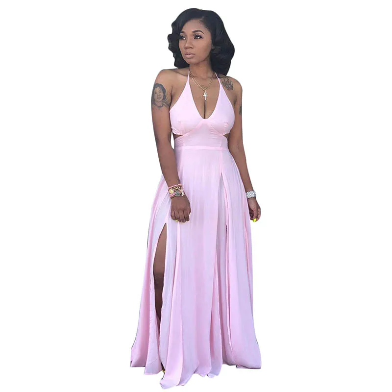 

High Quality Solid Color Halter Bandage Hollow Slit Maxi Dress