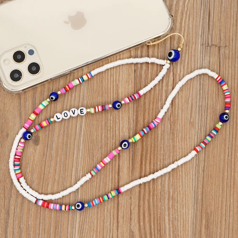 

2021 Charm Beaded Chain Evil Eye Pendants For Mobile Phone Strap Polymer Clay Necklace Telephone Long Neck Chain Lanyard, 3 colors