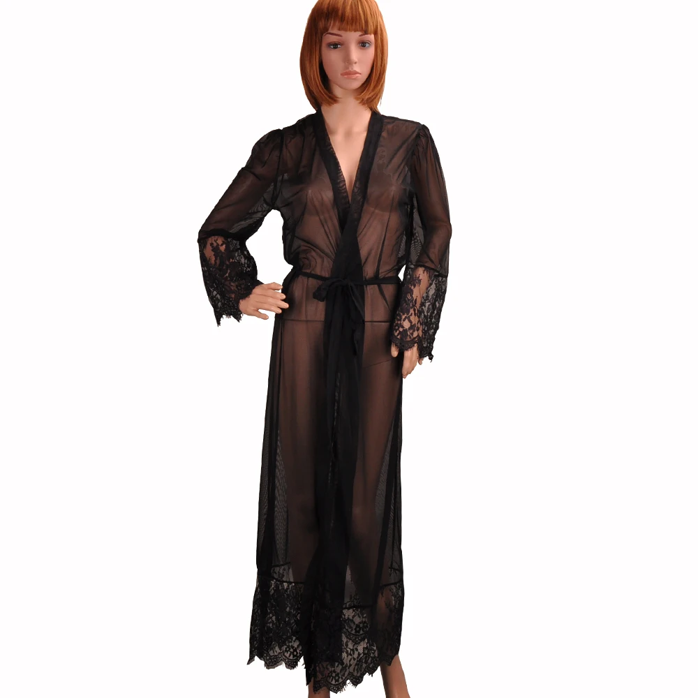 

Lace Sexy Pajamas Women Nightwear Bride Black Robes Sleepwear Female Patchwork Long Robe