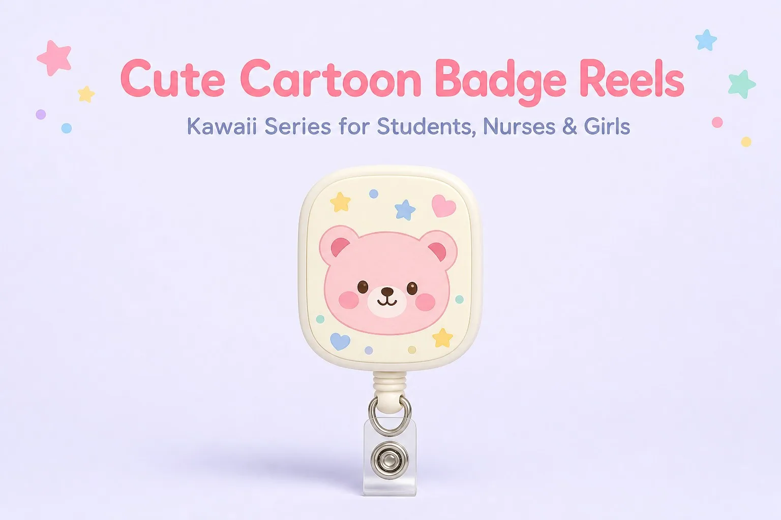 Close-up of bunny badge reel showing clip detail on soft background