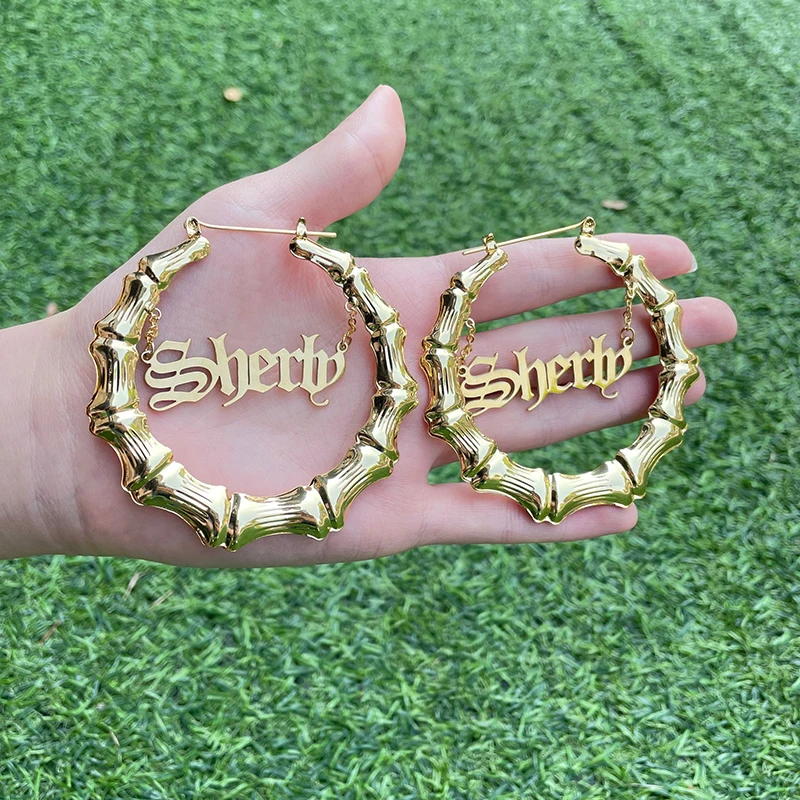 

Hiphop Sexy Custom Bamboo Hoop Earrings Personalized Name Earring 3D Bamboo Style Custom xoxo Earrings for women, Picture