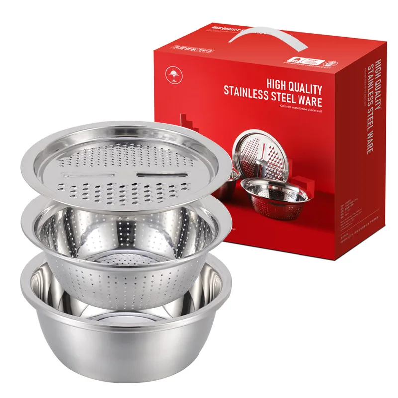 

High Quality Multi Function Kichen Tools Kitchen Accessories Stainless Steel Mixing Bowl Grater Colander Basin Gadgets Set, Silver