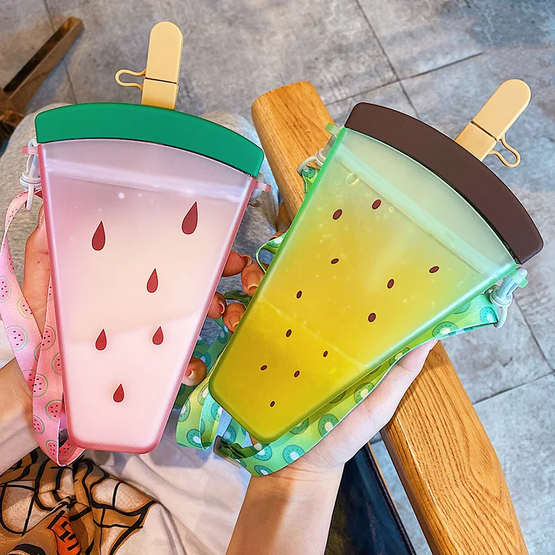 

Plastic Water Bottle Cute Watermelon Ice Cream Water Bottle With Straws Anti-fall Portable Popsicle Cup Outdoor Sports, All