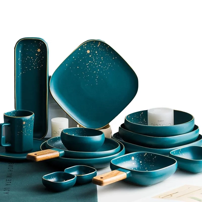 Italian design blue dinnerware set  with gold rim for valentine day use