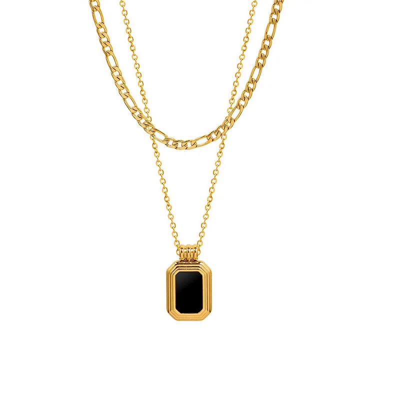 

Stainless Steel Plated 18K Gold Minimalist Women Jewelry figaro link chain with black chakra lava stone layered necklace