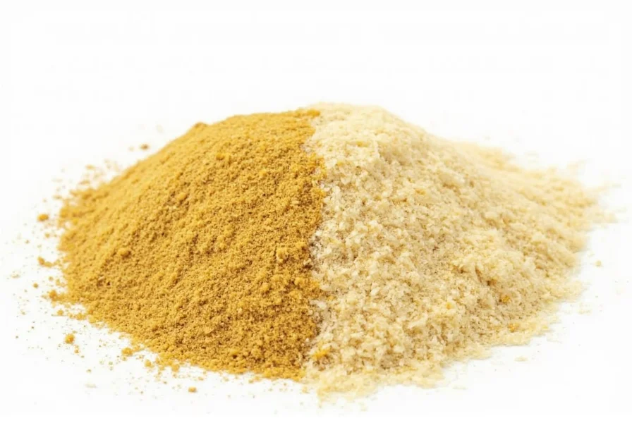 Close-up of ground ginger powder in a spice jar next to fresh ginger root showing texture comparison