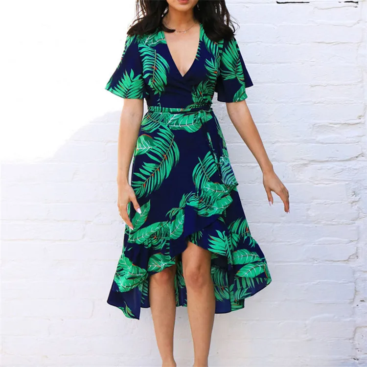 

Floral Print Beach Dress 2021 Summer Women Dress Ruffles Casual Short Sleeve V-Neck Wrap Party Dresses