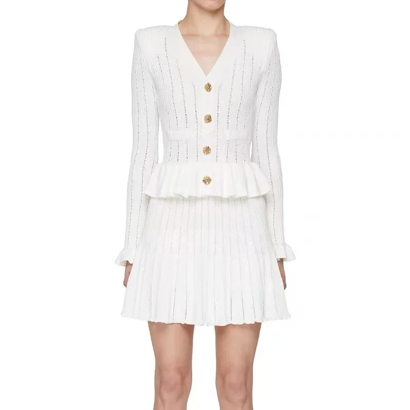 V Neck Ruffle Knitted Mini Dress
