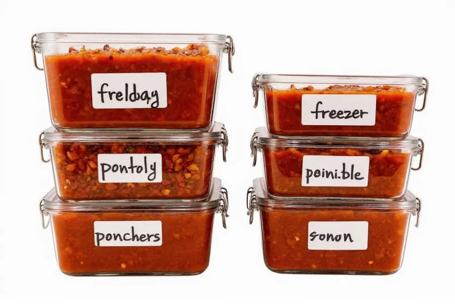 Proper chili storage containers showing portioned chili in glass containers with labels for refrigerator and freezer