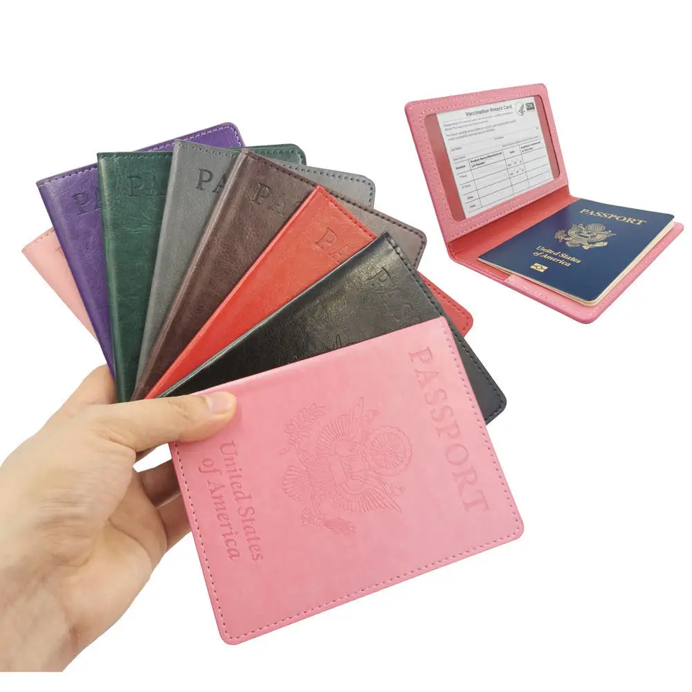 

Wholesale and custom amazon top selelr pu leather passport holder cover with Vaccine certificate record card protector case