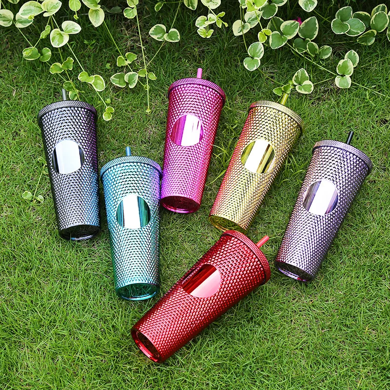 

wholesale plastic electroplated tumblers 24 Oz studded double wall snow globe skinny acrylic tumbler gradient with lid and straw